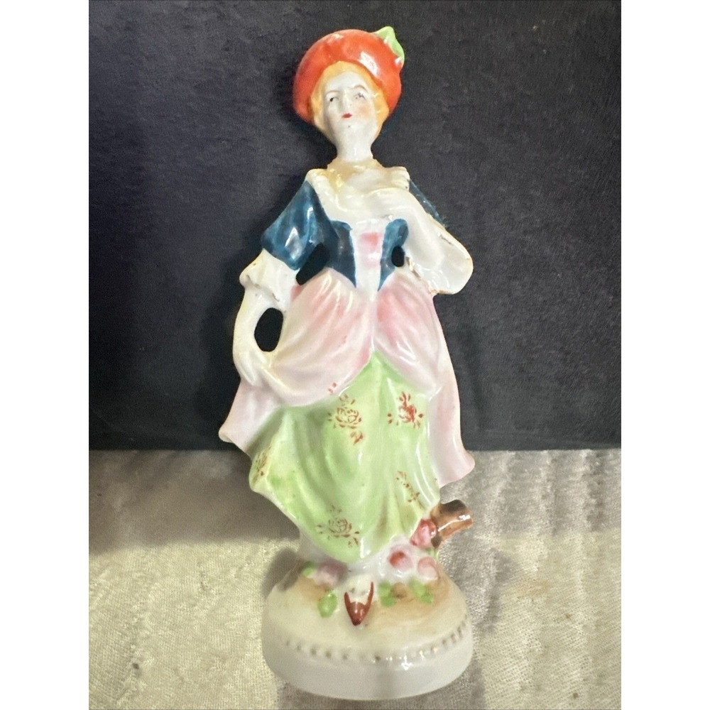 Vintage Porcelain Victorian Woman in Pink Skirt and Blue Top